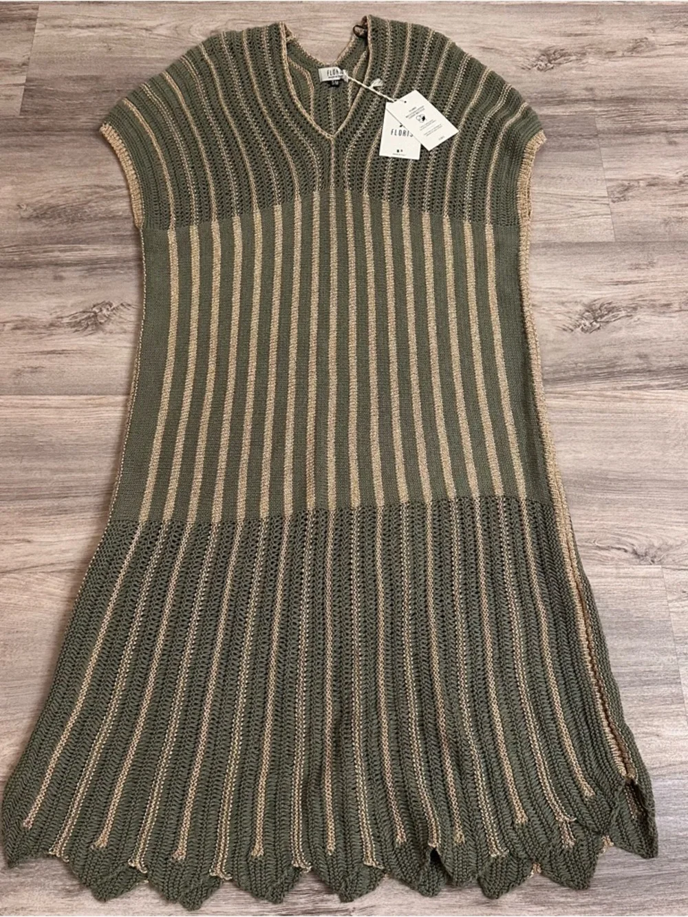 Floris Italy Knit Mini Dress Olive Beige Stripe Cap Sleeve S/M NWT Beach coverup - Picture 3 of 8